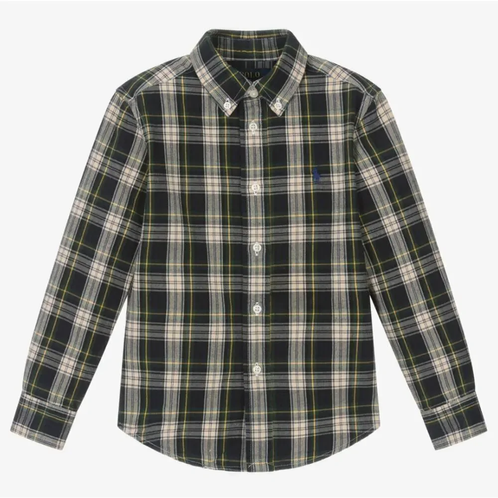 Ralph Lauren Baby Blue & Green  Cotton Plaid Brushed Oxford Shirt Size 9M